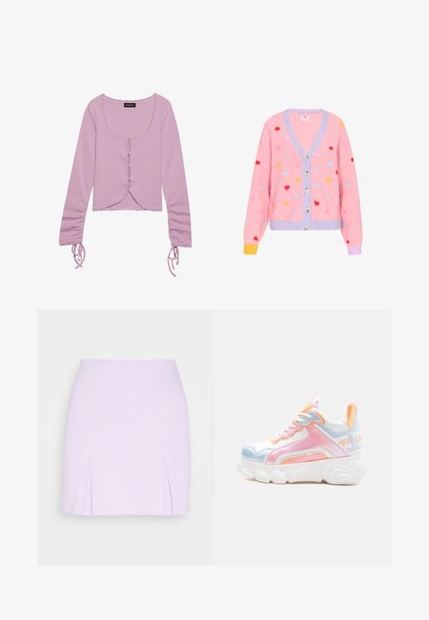 Cardigan rose avec un décolleté en V, bordure violette et motifs en forme de cœur multicolores. Comprend cinq boutons et des poignets côtelés.; Haut court à manches longues lilas avec un décolleté carré, fermeture à boutons sur le devant, finition froncée et détails de liens réglables sur les manches.; Even&Odd by Zalando Minijupe - lilac; Baskets blanches épaisses avec des accents pastel rose, bleu et orange, semelle épaisse, devant à lacets, et languette de talon avec logo.