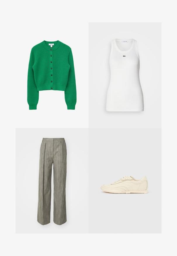 Groene gebreide cardigan met lange mouwen, ronde hals, knoopsluiting aan de voorkant en geribbelde boorden aan mouwen en zoom.; Witte mouwloze tanktop met een ronde hals en geribbelde textuur. Heeft een klein groen Lacoste krokodillogo op de borst.; Grijs gestreepte wijde broek met plooien, textuurstof, hoge tailleband en een tailored ontwerp. Geschikt voor zowel casual als formele gelegenheden.; Low-profile sneaker in crèmekleur met golvende stiksels, vetersluiting en een geribbelde zool, zijaanzicht tegen een effen achtergrond.