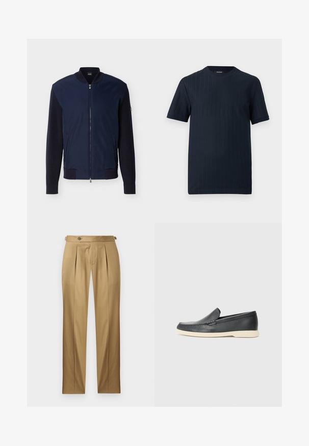 Veste bomber bleu marine avec manches en maille, col côtelé, poignets, ourlet, fermeture éclair frontale, deux poches latérales et logo BOSS sur l'étiquette du col.; T-shirt bleu marine à manches courtes et col rond, avec une subtile texture côtelée verticale, sur un fond uni.; Pantalon beige à coupe droite, avec des plis, une fermeture à boutons et des passants pour ceinture. Tissu lisse avec un aspect net et ajusté.; Mocassin noir en cuir à enfiler avec semelle beige, positionné en suspension près d'un porte-revues en fil métallique sur un sol en terrazzo.