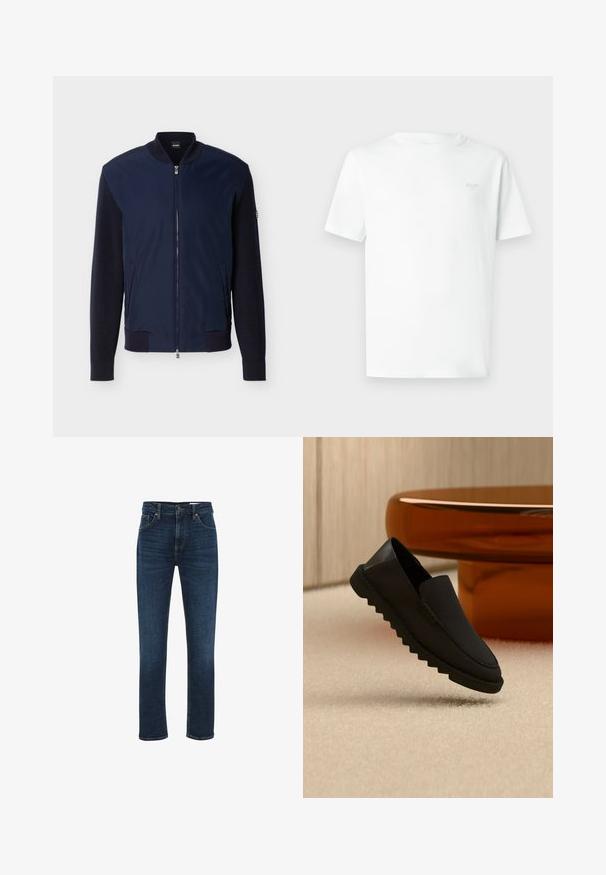 Marineblauw bomberjack met gebreide mouwen, geribde kraag, manchetten, zoom, ritssluiting aan de voorkant, twee zijzakken en BOSS-logo op het kraaglabel.; Wit katoenen T-shirt met ronde hals, korte mouwen en een subtiel grijs logo op de linkerborst. Soepele, lichte textuur.; WE Fashion BLUE RIDGE - Straight leg jeans - dark blue; Zwarte instapperschoen met dikke geribbelde zool die boven een beige tapijt zweeft voor een ronde amberkleurige tafel.