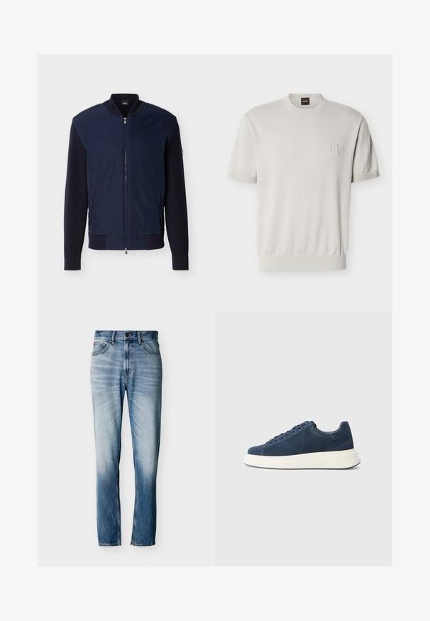 Marineblauw bomberjack met gebreide mouwen, geribde kraag, manchetten, zoom, ritssluiting aan de voorkant, twee zijzakken en BOSS-logo op het kraaglabel.; Beige trui met korte mouwen en ronde hals, ribgebreide zoom en manchetten, klein vierkant detail op de linkerborst en merkembleem in de nek.; Verbleekte blauwe jeans met rechte pijpen, vijf zakken, knoopsluiting en riemlussen, plat uitgestald op een witte achtergrond.; Marineblauwe suède sneakers met een witte rubberen zool, voorzien van zes veterogen, een gestructureerde voering en een minimalistisch ontwerp met subtiele stikdetails.