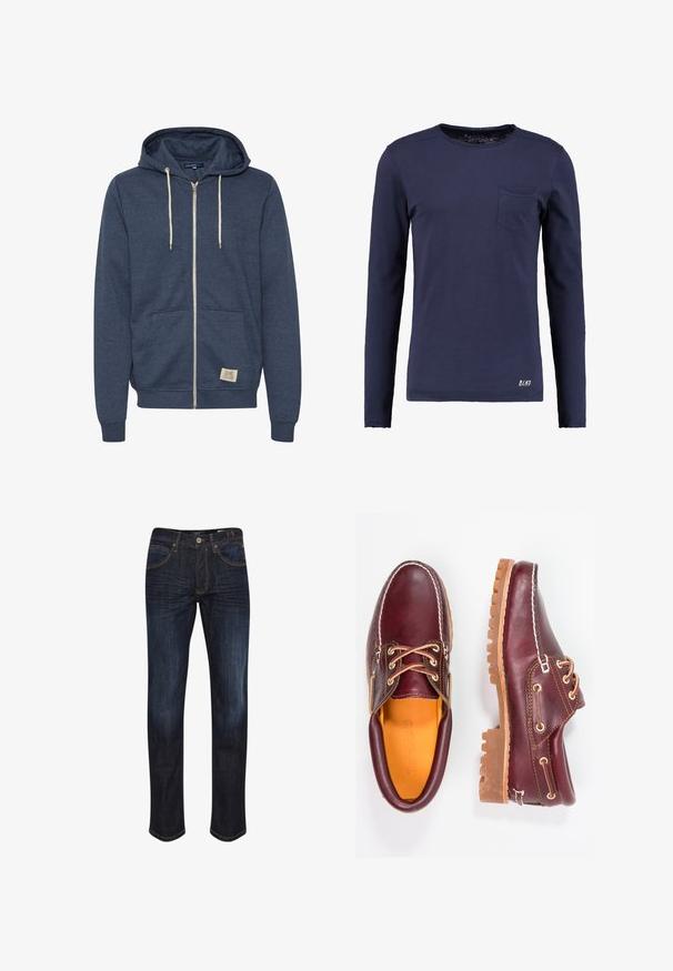 Marineblauwe hoodie met volledige ritssluiting, witte trekkoorden, voorvak in kangoeroestijl en een klein beige merkembleem op het onderste voorpand.; Langarm t-shirt in marineblauw van katoen, met een ronde halslijn, borstzak en subtiele merklettering aan de onderkant.; Donkerblauwe spijkerbroeken met een recht model, vijf zakken, gouden stiksels en een gladde textuur. JButtonsluiting in de taille.; Bordeaux leren schoenen met bruine rubberen zolen, ronde neus, witte stiksels en gouden veterogen. Het interieur heeft een gele voering.