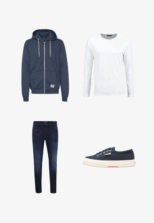 Sweat à capuche bleu marine zippé intégral avec cordons blancs, poche kangourou devant et petit patch beige de la marque en bas devant.; T-shirt blanc à manches longues en coton, avec un col rond et une texture lisse. Sans motifs ni accents. Design simple.; Jeans en denim bleu foncé avec une coupe slim, design à cinq poches, un léger effet délavé, fermeture à bouton et étiquette logo sur la taille arrière.; Baskets en toile navy avec une semelle en caoutchouc blanc, un avant-texturé, un bout rond, cinq œillets et un patch logo sur le côté.