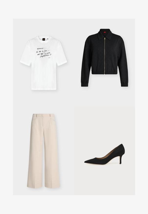 Veste noire à manches longues zippée avec col, poignets et ourlet élastiques, motif discret embossé, et tirette de fermeture éclair dorée fermée à l'avant.; T-shirt blanc à manches courtes avec un texte manuscrit noir affichant "Reminder... No one is you and that is your superpower" et un petit dessin de cœur.; Pantalon beige à jambes larges avec poches avant, passants de ceinture et devant plat, présenté sur un fond clair uni.; Escarpin en daim noir à bout pointu avec un talon stiletto fin de hauteur moyenne et un design à coupe basse sur un fond uni.