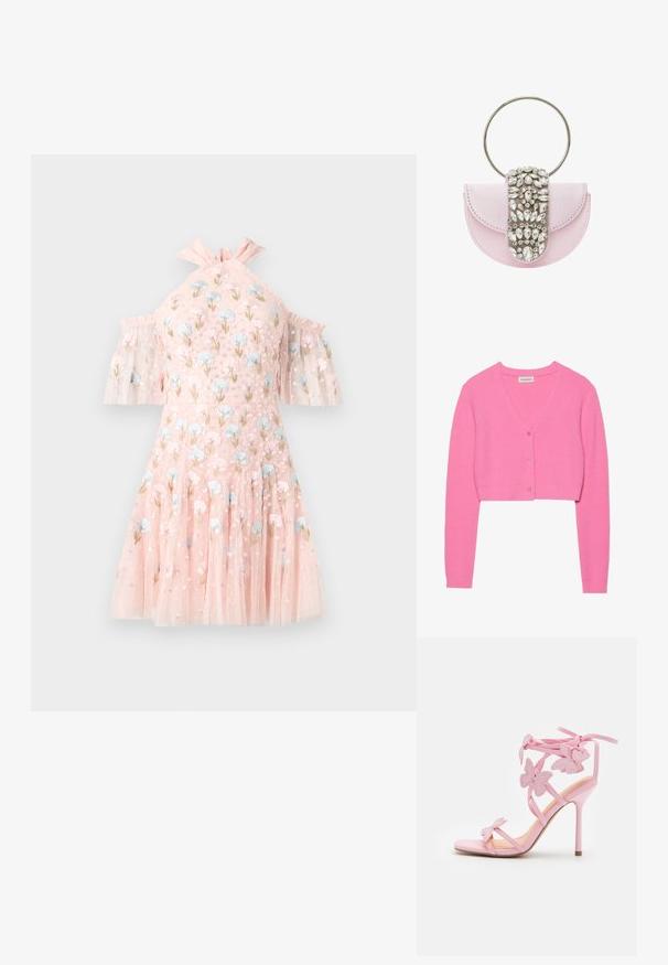Rosa, gecropte cardigan van textuurgebreid stof. Heeft een V-hals, lange mouwen en vijf bijpassende knopen aan de voorkant.; Roze kort jurkje met cold-shoulder mouwen, versierd met blauw en roze bloemrijk borduurwerk, doorzichtige laagjes tule stof en een gerimpelde halslijn.; Roze hoge hakken sandaal met vlinderaccenten, gemaakt van soepele materialen. Beschikt over dunne bandjes en een slanke hak.; Roze leren handtas met een metalen, ronde handgreep, versierd met een flap die bedekt is met juwelen, voorzien van verschillende heldere, sprankelende stenen.
