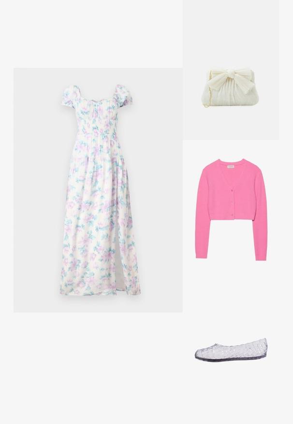 Cardigan cropped rose en tricot texturé. Présente un col en V, des manches longues et cinq boutons assortis sur le devant.; Robe maxi florale à manches courtes bouffantes, en tissu blanc avec des fleurs violet clair et teal, avec un corsage smocké et une fente sur le côté.; Chaussure plate transparente avec des brides en plastique tissé et un bout fermé, conçue pour un usage décontracté.; Sac à main plissé blanc avec un nœud proéminent et une chaîne dorée. Texture douce avec un design froncé à l'avant.