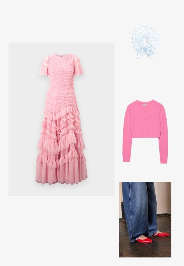 Cardigan cropped rose en tricot texturé. Présente un col en V, des manches longues et cinq boutons assortis sur le devant.; Robe rose à plusieurs couches avec des manches volantées et des volants superposés. Fabriquée en tissu léger avec une finition texturée et un motif à petits pois subtil.; Des ballerines en cuir rouge avec un bout arrondi et une sangle argentée. Portées avec un jean en denim bleu à jambe large, présentant un ourlet effiloché.; Col en tissu bleu clair à pois avec des volants et un nœud à nouer à l'avant, conçu comme un accessoire décoratif pour le cou.