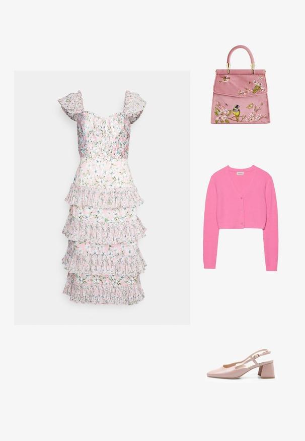 Cárdigan corto rosa hecho de tela de punto texturizada. Presenta un cuello en V, mangas largas y cinco botones a juego en la parte delantera.; AMUR GRADY COMBO PLEATED - Vestido de cóctel - rosewater posey; Zapato de charol rosa con talón abierto, punta cuadrada, correa ajustable y tacón cuadrado. Superficie suave y diseño minimalista.; Bolso de ante rosa con bordado floral, que presenta pájaros y mariposas. Herrajes en tono dorado y asa redondeada en la parte superior. Cierre elegante de solapa.
