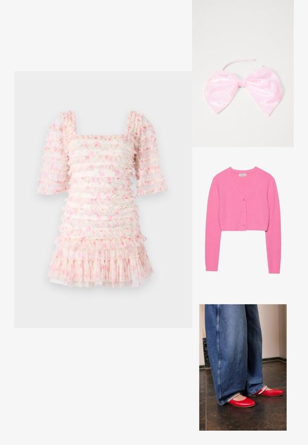 Cardigan cropped rose en tricot texturé. Présente un col en V, des manches longues et cinq boutons assortis sur le devant.; Robe volants avec un décolleté carré et des manches bouffantes, en tissu transparent avec des motifs floraux roses et des volants superposés à l'ourlet.; Des ballerines en cuir rouge avec un bout arrondi et une sangle argentée. Portées avec un jean en denim bleu à jambe large, présentant un ourlet effiloché.; Accessoire capillaire rose et brillant en forme de grand nœud, avec une texture lisse et une fine sangle pour le maintenir en place.