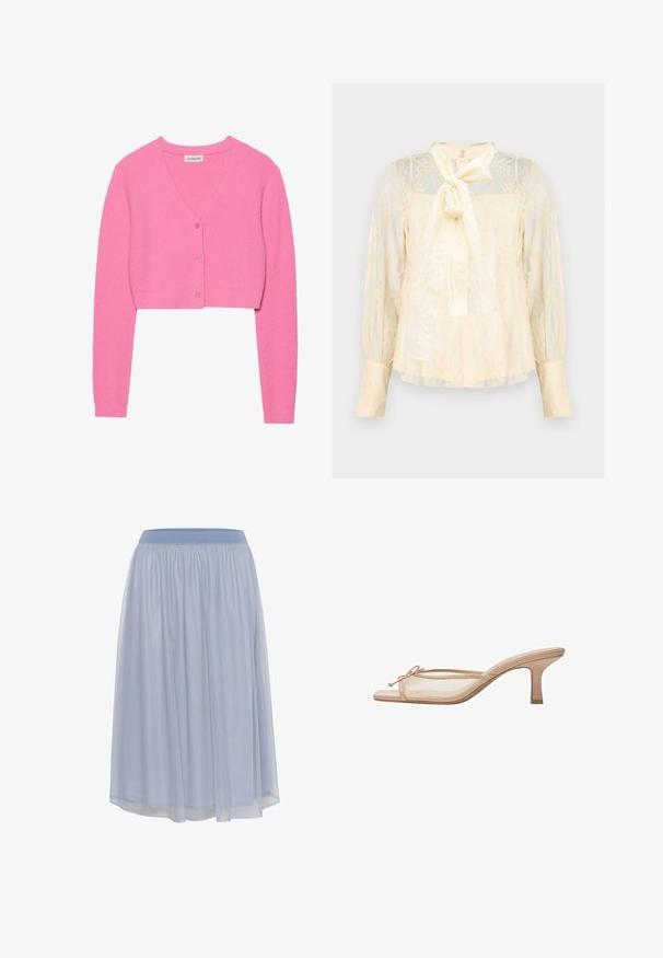 Cardigan cropped rose en tricot texturé. Présente un col en V, des manches longues et cinq boutons assortis sur le devant.; Blouse crème claire en dentelle avec un détail de nœud à nouer au col, manches longues transparentes et poignets boutonnés. Motif floral texturé sur toute la surface.; Jupe bleu clair, longueur genou, en tissu transparent avec une taille élastique et un design fluide, comprenant des couches douces et transparentes.; Mule beige à bout ouvert avec côtés en mesh transparent, petit talon kitten bas et un petit nœud sur la bride avant.