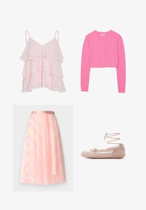 Lyserød, cropped cardigan lavet af tekstureret strikstof. Har V-udskæring, lange ærmer og fem matchende knapper foran.; Lys pink lagdelt ærmeløs top med justerbare spaghetti stropper og et svævende, flæset design.; Ida Sjöstedt FLAWLESS SKIRT - A-snit nederdel - pink; Lyserøde ballerina flats i læder med rundet tå, snørelukning ved anklerne og en glat tekstur. Letvægtsdesign med minimale syninger.