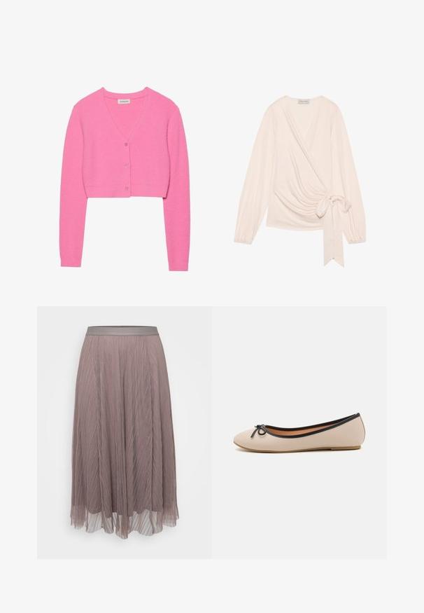 Lyserød, cropped cardigan lavet af tekstureret strikstof. Har V-udskæring, lange ærmer og fem matchende knapper foran.; Ærmeløs top i blødt, lys rosa stof. Har lange ærmer, et bånd i taljen og blide draperinger over forsiden.; Plisseret midiskørt i blød mauve med en glat satin-linning. Letvægts, flydende materiale med lodrette striber og gennemsigtige lag.; Ballet flade i beige syntetisk materiale med en sort kant. Har en afrundet tå og en lille sort sløjfe accent foran. Flad sål.