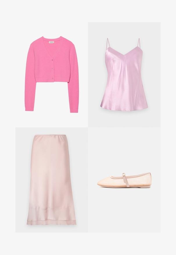 Cardigan cropped rose en tricot texturé. Présente un col en V, des manches longues et cinq boutons assortis sur le devant.; Camisole en satin rose clair avec fines bretelles spaghetti réglables et un léger décolleté en V, présenté sur un fond blanc uni.; Jupe midi en satin rose clair avec taille élastique et détail de ourlet superposé, présentée sur un fond blanc uni.; Chaussure plate beige clair avec un bout pointu et une bride latérale avec boucle, présentée sur un fond blanc uni.