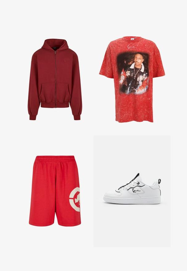 Haut à fermer par zip rouge en tissu doux, avec une grande capuche, des poches avant, des poignets côtelés et un logo discret sur la poitrine.; T-shirt rouge surdimensionné avec une finition texturée et un imprimé graphique central représentant un homme dans une veste noire avec divers écussons.; Shorts rouges en coton avec une taille élastique, présentant un grand design graphique blanc sur la jambe gauche et une texture lisse.; Baskets blanches avec une tige en cuir lisse, accents noirs, logo signature sur le côté, bout rond et lacets contrastés.