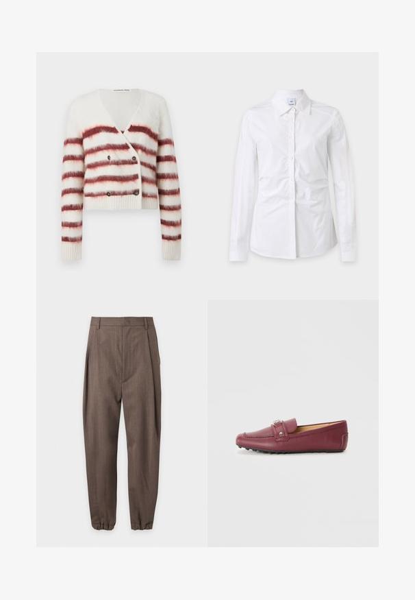 Geknipte cardigan van pluizig witte stof met kastanjebruine horizontale strepen, voorzien van een V-hals en dubbele knoopsluiting. Ribgebreide manchetten en zoom.; Wit overhemd met lange mouwen, knopen en kraag, licht gekreukte stof en een zichtbaar merkje aan de binnenkant van de kraag.; Bruine op maat gemaakte broek met plooien, riemlussen en elastische boorden, weergegeven tegen een witte achtergrond.; Bordeaux leren instappers met een ronde neus, decoratieve band, zilverkleurige hardware en een gestructureerde rubberen zool voor grip.