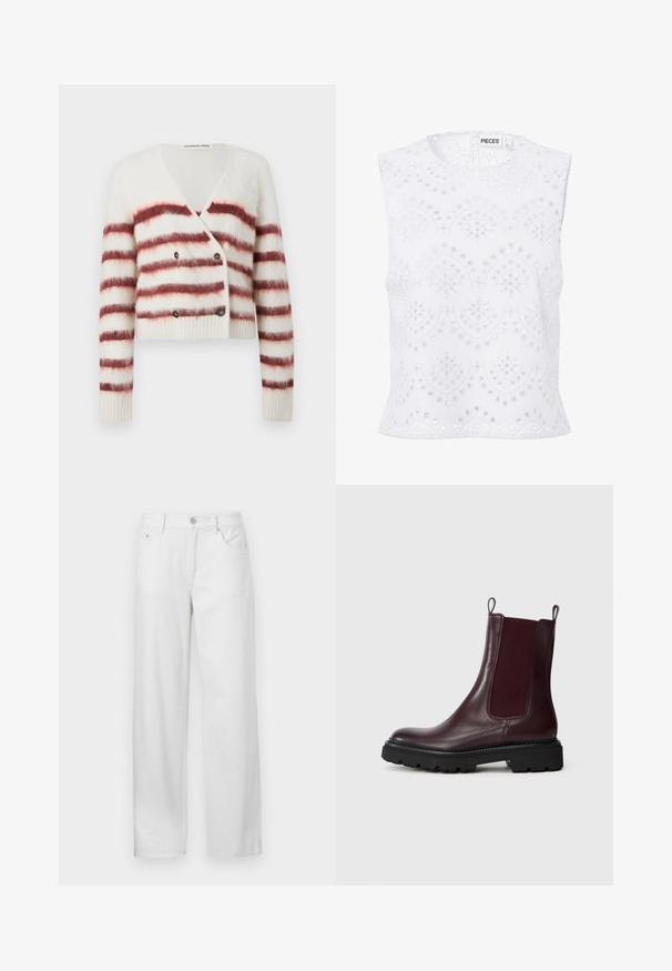 Cardigan raccourci en tissu blanc duveteux avec des rayures horizontales bordeaux, doté d'un col en V et d'une fermeture à double bouton. Manches et ourlet côtelés.; Blouse blanche sans manches avec encolure ronde, broderie anglaise et motifs festonnés, présentée sur un fond uni.; Pantalons en denim blanc à coupe ample, avec une fermeture à bouton et zip, des passants de ceinture et un design traditionnel à cinq poches.; Bottines Chelsea en cuir bordeaux avec panneaux élastiques sur les côtés, semelle en caoutchouc noir texturé et languettes pour un enfilage facile.