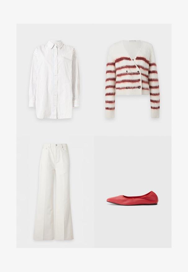 Afkortet cardigan i fluffy hvidt stof med maroon vandret striber, der har V-hals og dobbelte knaplukninger. Ribbestrikkede manchetter og kant.; Hvid langærmet skjorte med lodrette striber i lyseblå og lyserød. Har knapper foran og spids krave. Blødt stof.; Højttaljede hvide, vidde bukser med forlommer, knaplukning og synlige lodrette sømme ned langs benene.; Filippa K REY FLATS - Ballerinasko - bright red