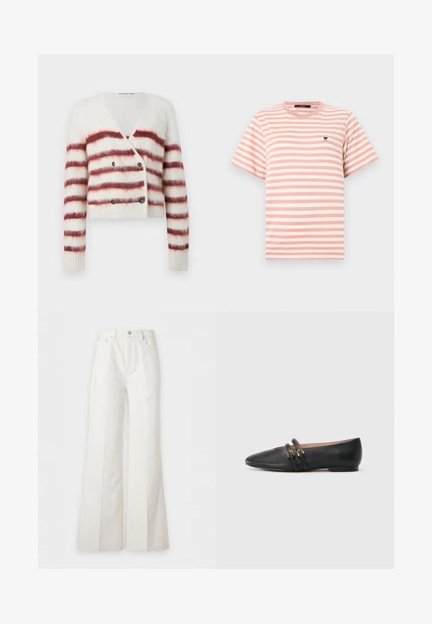 Cardigan raccourci en tissu blanc duveteux avec des rayures horizontales bordeaux, doté d'un col en V et d'une fermeture à double bouton. Manches et ourlet côtelés.; T-shirt à manches courtes à rayures roses et blanches avec col rond et petit logo papillon noir brodé sur le côté gauche de la poitrine.; Pantalon blanc à taille haute et jambes larges avec poches avant, fermeture par boutons et coutures verticales apparentes le long des jambes.; Chaussures plates en cuir noir avec un bout pointu, dotées de deux brides noires avec des accents en métal doré. Texture lisse et talon bas.