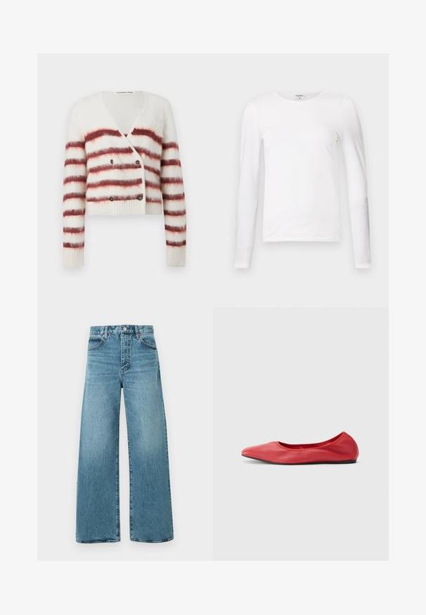 Afkortet cardigan i fluffy hvidt stof med maroon vandret striber, der har V-hals og dobbelte knaplukninger. Ribbestrikkede manchetter og kant.; Hvid langærmet t-shirt lavet af blødt bomuld, med en rund halsudskæring og en slim fit design med rene sømme og uden synlige mønstre.; Højtaljede lyseblå denimjeans med vide ben, lukkes med knapper foran og har det traditionelle fem-lomme design på en ensfarvet baggrund.; Filippa K REY FLATS - Ballerinasko - bright red