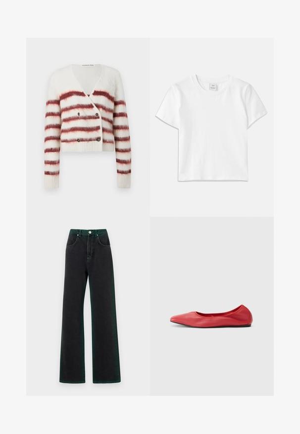 Afkortet cardigan i fluffy hvidt stof med maroon vandret striber, der har V-hals og dobbelte knaplukninger. Ribbestrikkede manchetter og kant.; Hvid bomulds-t-shirt med rund hals, korte ærmer og lige kant. Mærke med teksten "Won Hundred" placeret i midten af halsudskæringen.; Sort brede jeans med grønne accenter, lavet af denim, med høj talje, forlommer og metalknaplukning.; Filippa K REY FLATS - Ballerinasko - bright red