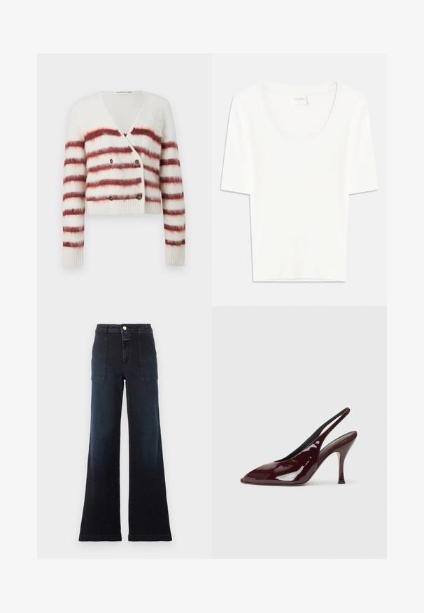 Cardigan raccourci en tissu blanc duveteux avec des rayures horizontales bordeaux, doté d'un col en V et d'une fermeture à double bouton. Manches et ourlet côtelés.; T-shirt blanc à manches courtes avec un col rond. Fabriqué en coton doux, il présente une coupe décontractée et un design minimaliste.; Jean bleu foncé taille haute, jambe large, avec poches plaquées devant, passants pour ceinture et fermeture par bouton sur fond uni clair.; NEOUS HAMAL - Escarpins à talons hauts - dark chocolate