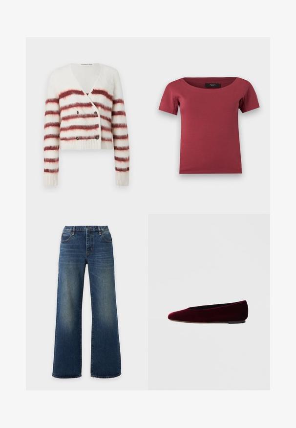 Cardigan raccourci en tissu blanc duveteux avec des rayures horizontales bordeaux, doté d'un col en V et d'une fermeture à double bouton. Manches et ourlet côtelés.; Haut pour femmes à manches courtes, de couleur rose foncé, avec un large décolleté en arrondi et une coupe ajustée, posé à plat sur un fond blanc.; Jean en denim bleu à jambes larges avec poches avant et zones décolorées sur les cuisses et les genoux sur un fond clair.; Ballerines en velours bordeaux avec un bout arrondi et un talon bas, présentant une texture lisse et un design élégant.
