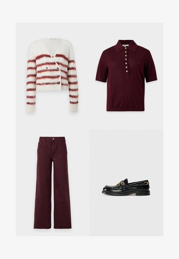 Afkortet cardigan i fluffy hvidt stof med maroon vandret striber, der har V-hals og dobbelte knaplukninger. Ribbestrikkede manchetter og kant.; Kortærmet mørk burgunder polo skjorte med bred krave og en række af syv gyldne knapper ned foran i midten.; Bordeaux vide bukser med høj talje, metal knaplukning, forlommer og et glat, let tekstureret stof.; Sorte læder loafers med en blank finish, der har to guldspænder og en lav hæl. Glat tekstur med rund tådesign.
