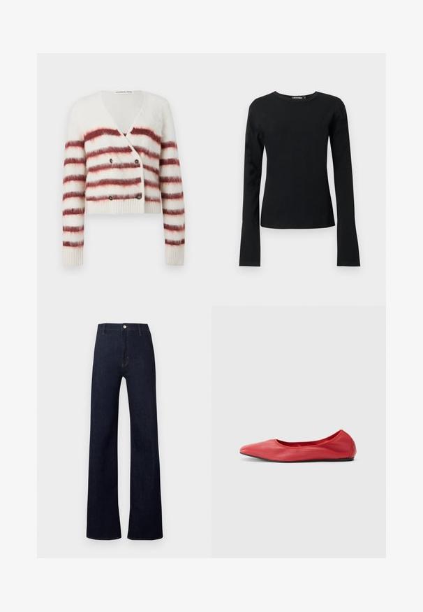 Korts cardigan i fluffy hvit stoff med maroon horisontale striper, med V-hals og dobbeltsidig lukking. Ribbestrikket mansjetter og kant.; Svart tettsittende genser med lange ermer og rund hals, med rett kant og glatt stoff, vist mot en ensfarget lys bakgrunn.; Mørkeblå denimbukser med høyt liv, vid bendesign og klassisk fem-lommers stil. Har bronsefarget metall og subtil søm.; Filippa K REY FLATS - Ballerinasko - bright red