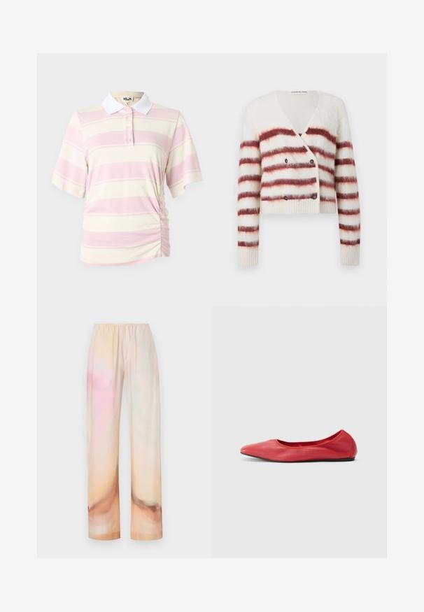 Cardigan raccourci en tissu blanc duveteux avec des rayures horizontales bordeaux, doté d'un col en V et d'une fermeture à double bouton. Manches et ourlet côtelés.; Polo rayé rose et crème, à manches courtes et col blanc. Comprend une fermeture à boutons et un détail froncé sur le côté.; Pantalon en coton à coupe ample avec taille élastique dans un dégradé pastel doux de tons pêche, rose et crème.; Filippa K REY FLATS - Ballerines - bright red