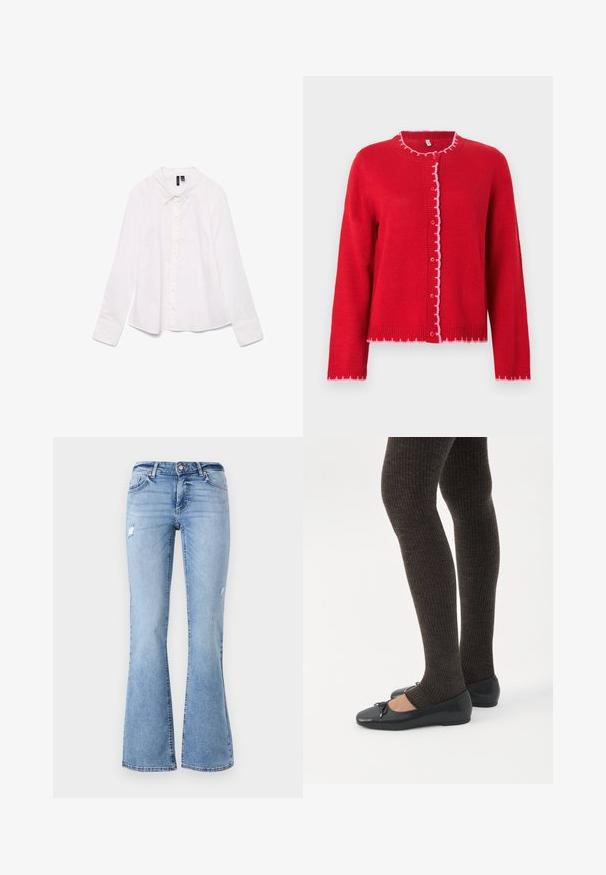 Cardigan rouge tricoté avec un col rond, des bords festonnés roses, une fermeture à boutons sur le devant et des manches longues. Texture lisse, coupe décontractée.; Chemise blanche à manches longues en coton, avec un col classique, une fermeture à boutons sur le devant et une coupe légèrement décontractée. Texture lisse sans motifs.; Jeans en denim bleu clair évasés avec un design usé, présentant une fermeture à bouton à l'avant, des passants de ceinture et plusieurs poches.; Jambes portant des leggings côtelés foncés associés à des ballerines noires avec de petits détails en nœud sur fond blanc.