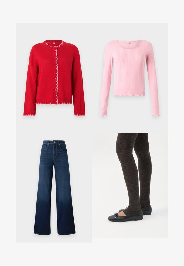 Rode gebreide cardigan met een ronde kraag, roze geschulpte randen, knoopsluiting aan de voorkant en lange mouwen. Gladde textuur, casual pasvorm.; Langere roze top met lange mouwen, gemaakt van geribbelde stof, met een ronde halslijn en een gegolfde zoom aan de onderkant en manchetten.; Wide-leg donkerblauwe jeans van denim, met een hoge taille, vijf zakken en contrasterende stiksels langs de naden.; Benen met donkere geribbelde leggings gecombineerd met zwarte ballerina's met kleine strikdetails op een witte achtergrond.