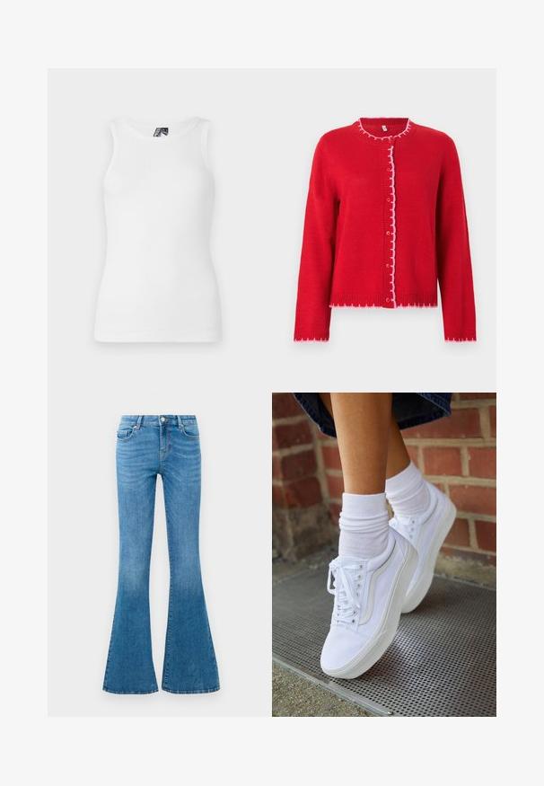 Rød strikket cardigan med rund krave, lyserøde bølgede kanter, knaplukning foran og lange ærmer. Glat tekstur, afslappet pasform.; Hvid ribbet tanktop med rund halsudskæring og ærmeløst design, lavet af en blød bomuldsblanding med en tætsiddende silhuet.; Blå denim flared jeans med mellemhøj talje, der har fem lommer, en standard knaplukning og let falmning for struktur.; Hvide lærreds sneakers med gummisåler, der har seks snørehuller, rund tå og let sømdetaljer, krydret med hvide ankelstrømper.