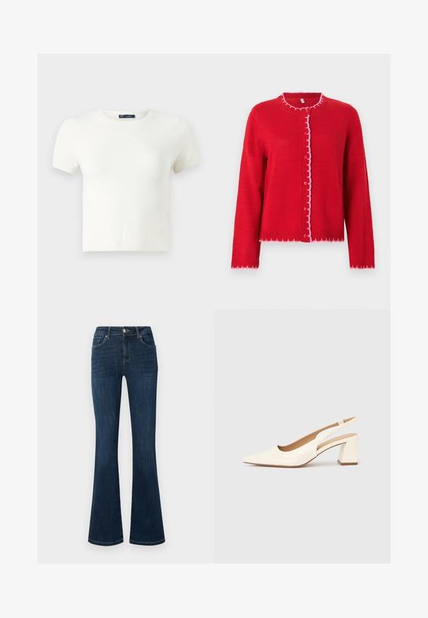 Cárdigan de punto rojo con cuello redondo, bordes ondulados en rosa, cierre frontal con botones y mangas largas. Textura suave, ajuste informal.; Camiseta blanca de manga corta fabricada con un material suave. Presenta un clásico diseño de cuello redondo y un ajuste slim, sin patrones ni acentos visibles.; Vaqueros de mezclilla azul oscuro con cintura de altura media, estilo de cinco bolsillos y pierna acampanada, mostrados planos sobre un fondo blanco.; Zapato de salón con tira trasera en charol crema brillante, con punta afilada y tacón cuadrado grueso para mayor estabilidad. Diseño minimalista, sin adornos.