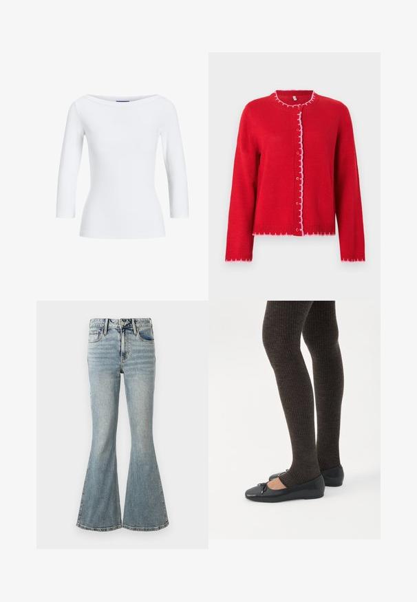 Cárdigan de punto rojo con cuello redondo, bordes ondulados en rosa, cierre frontal con botones y mangas largas. Textura suave, ajuste informal.; Top blanco de manga larga con cuello barco. La tela es suave, ajustada y presenta un acabado limpio en los puños y el dobladillo.; Vaqueros de mezclilla azul claro de tiro alto con pernera acampanada, botones delanteros, cremallera y diseño de cinco bolsillos sobre fondo blanco.; Piernas con leggings oscuros acanalados combinados con bailarinas negras que presentan pequeños detalles de lazo sobre un fondo blanco.