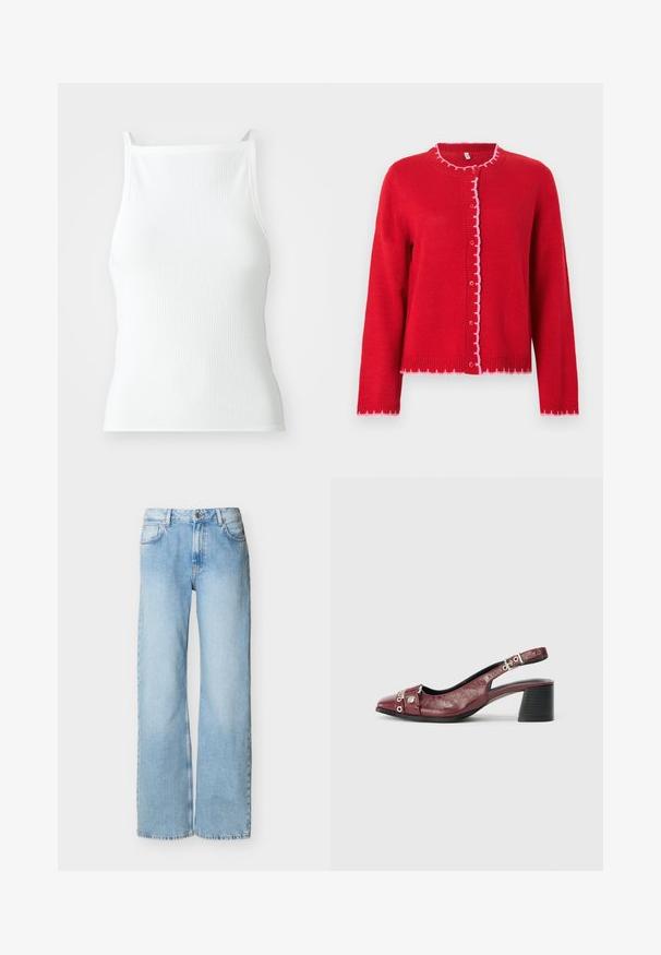 Cárdigan de punto rojo con cuello redondo, bordes ondulados en rosa, cierre frontal con botones y mangas largas. Textura suave, ajuste informal.; Top de tirantes finos de canalé blanco, con un diseño ajustado y textura suave. La tela parece elástica y ligeramente estructurada.; Vaqueros de mezclilla azul claro de tiro alto y pierna ancha con cierre delantero de cremallera y botón, bolsillos delanteros y traseros, mostrados sobre fondo blanco.; Zapato slingback de cuero burdeos con punta redonda, diseño curvado, acentos de metal plateado y tacón ancho. Acabado texturizado.