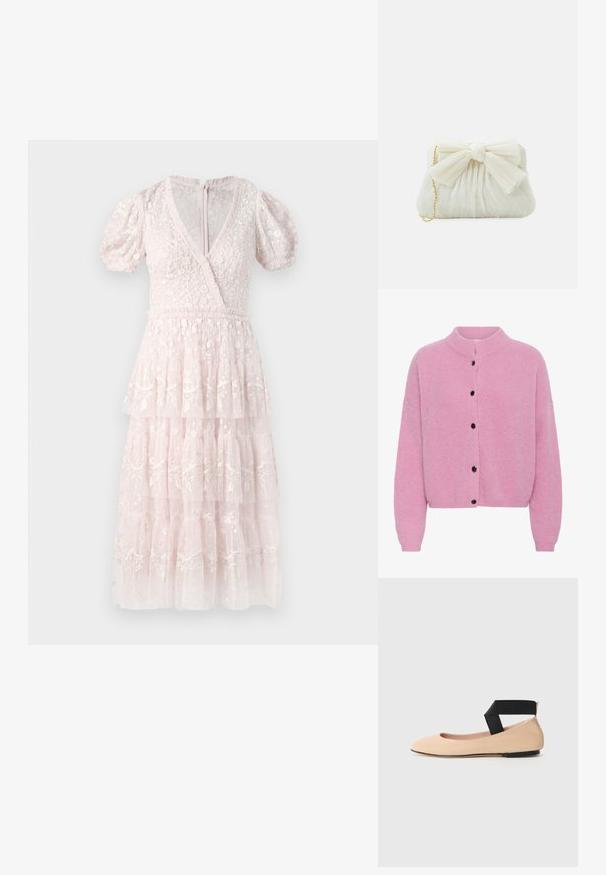 Roze cardigan van textuurgebreide stof, met een hoge kraag, lange mouwen en zes zwarte knopen aan de voorkant.; Roze, gelaagde jurk met puffmouwen, V-hals en complexe bloemenborduursels. Gemaakt van een textuurrijke, lichte stof. Ritssluiting aan de achterkant.; Beige leren balletschoenen met een spitse neus en een zwarte band rond de enkel, met een gladde textuur en een minimalistisch ontwerp.; Witte geplooide clutchtas met een opvallende strikdetail en een gouden kettinghengsel. Zachte textuur met een geplooid ontwerp aan de voorkant.