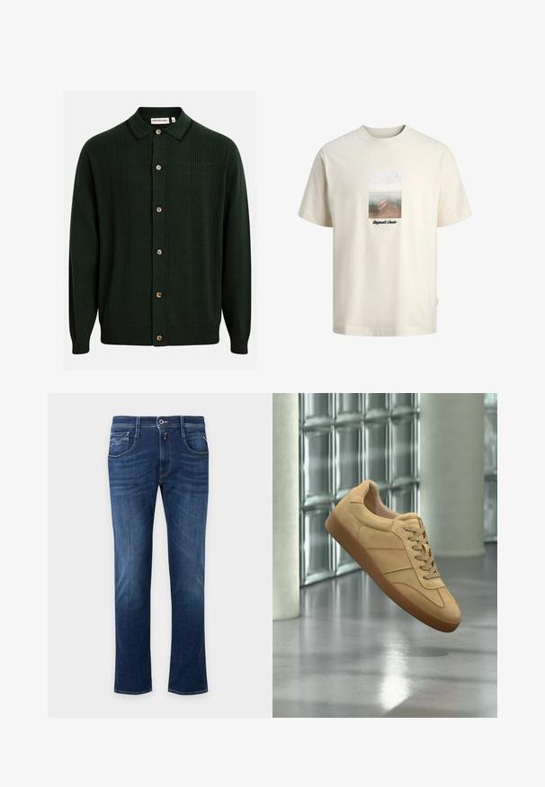 Mørkegrønstrikket cardigan med sort kant på kraven, ribbede lodrette striber og seks beige knapper foran, størrelse medium.; Kremfarvet T-shirt med en grafik af en træbro med udsigt over roligt vand og teksten "Originals Studio" under billedet.; Mørkeblå straight-leg jeans med forreste knap, lynlås og design med fem lommer.; Beige ruskind sneaker med gummisål, snørelukning, svæver indendørs på poleret betongulv nær glasblokvæg.