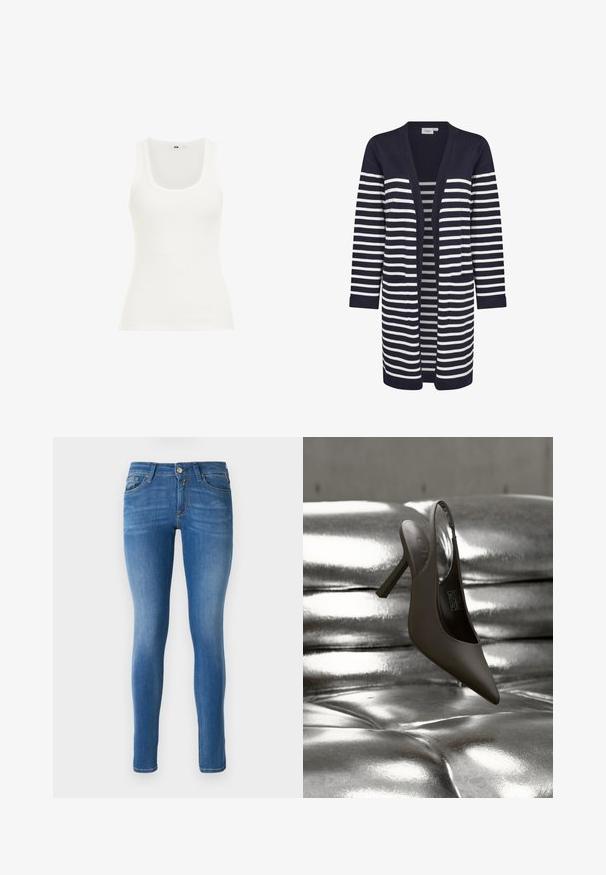 Navyblauw cardigan met verticale crèmekleurige strepen, open voorkant, lange mouwen, twee voorzakken, gladde textuur, ribgebreide manchetten.; Witte geribde tanktop met een ronde hals en brede schouderbanden. De stof lijkt rekbaar en aansluitend, geschikt voor het dragen in lagen of voor casual gebruik.; Blauwe skinny jeans van denim met een middelhoge tailleband, traditioneel vijf-pocket ontwerp en subtiele vervaging op de benen.; Zwarte hoge hak met spits toelopende neus en slingback, rustend op een glanzend, metalen zilver geknoopt oppervlak.
