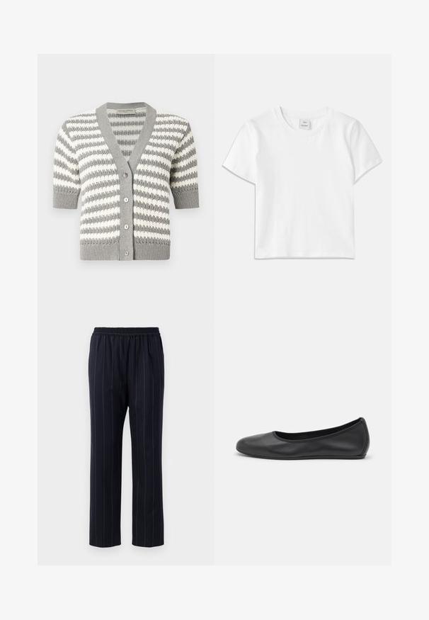 Cardigan rayado en gris y blanco con mangas cortas, escote en pico y cinco botones. Textura de punto con bordes acanalados.; Camiseta de algodón blanca con cuello redondo, mangas cortas y dobladillo recto. Etiqueta con la marca "Won Hundred" en el centro del escote.; Pantalones de color azul marino con rayas verticales, cinturilla elástica, diseño de pierna recta, textura suave y sin bolsillos visibles.; Bailarina de piel negra con punta redondeada, textura suave, detalle de costura minimalista y diseño de suela flexible.