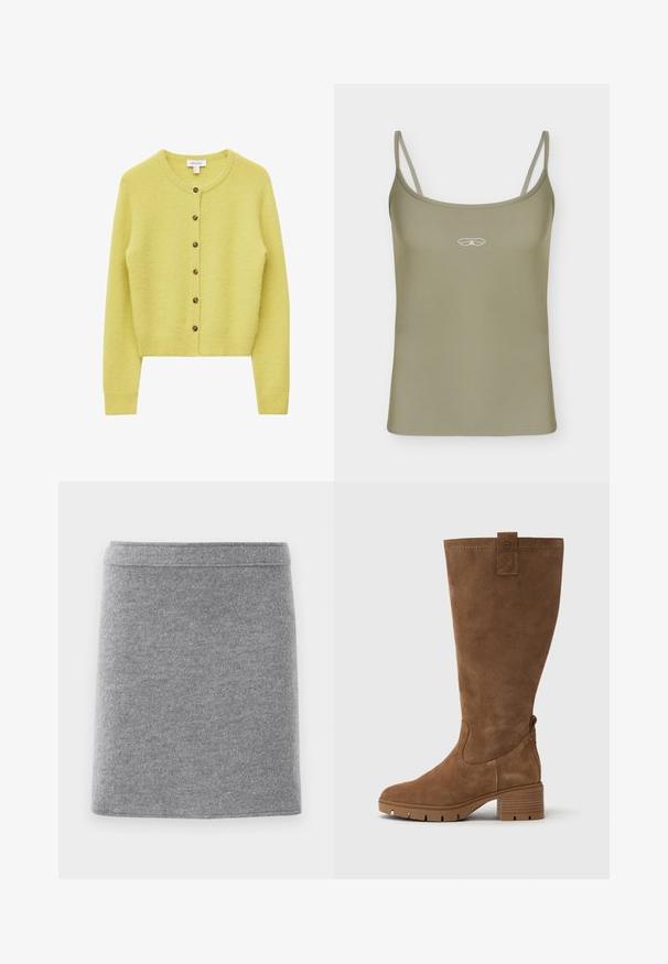 Blød gul uldcardigan med rund halsudskæring, seks brune knapper ned foran samt ribbede manchetter og kant.; Ærmeløs olivengrøn tanktop med tynde skulderstropper og et lille hvidt geometrisk logo centreret på brystet.; Grå uld knælang blyantskirt med en tætsiddende talje og glat tekstur, præsenteret fladt mod en hvid baggrund.; Tamaris Høje støvler/ Støvler - brown