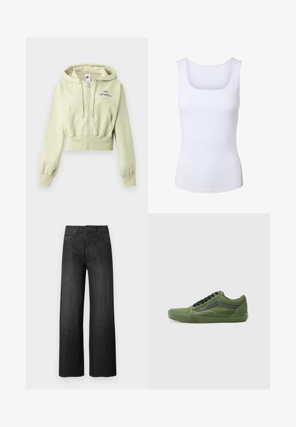 Sudadera corta con cremallera en color verde claro, con cordones, bolsillos delanteros, puños acanalados y el logo "nike athletics" en el pecho.; Camiseta sin mangas blanca con escote cuadrado, silueta ajustada y textura de tela suave.; Vaqueros negros de pierna ancha y cintura alta, con bolsillos frontales, cierre de botones y trabillas para cinturón sobre un fondo claro y sencillo.; Zapatillas de lona verdes con cordones negros y una franja lateral. Presentan una punta redondeada, suela de goma y costuras blancas en contraste. Diseño clásico de zapatilla.