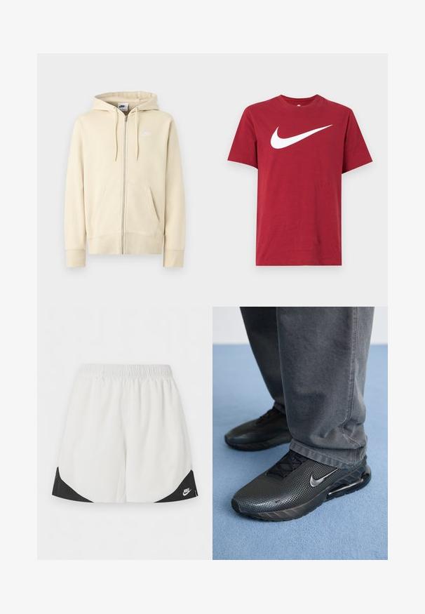 Cremefarvet hættejakke med lynlås, forlomme, snøre i hætten og et lille hvidt logo på venstre bryst. Blødt bomuldsblandingsmateriale med glat tekstur.; Rød bomulds T-shirt med korte ærmer og rund hals. Har en stor hvid Nike swoosh-logo foran. Glat tekstur, afslappet design.; Hvide atletikshorts med elastisk taljebånd og sorte trekantede paneler nær benåbningerne, med en hvid Nike-logo på højre side.; Sorte Nike træningssko med en struktureret overdel, perforerede detaljer og en synlig luftdæmpningsenhed, parret med grå bukser.