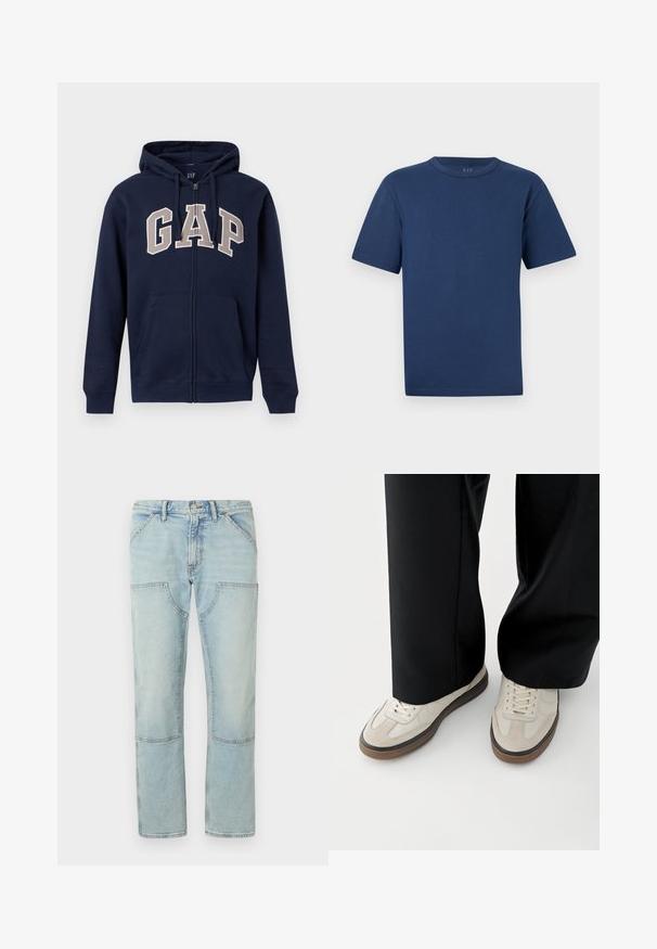 Sweat à capuche zippé bleu marine avec poches avant, capuche ajustable et grandes lettres beige "GAP" sur la poitrine.; T-shirt en coton bleu marine à manches courtes et col ras du cou, avec un devant uni, présenté sur un fond gris clair.; Jean en denim bleu clair à jambe droite, avec poches plaquées et finition délavée. Fermeture à bouton à la taille, passants de ceinture standards.; Pieds portant des baskets beige avec des semelles marron et un pantalon noir à jambes larges sur fond blanc.