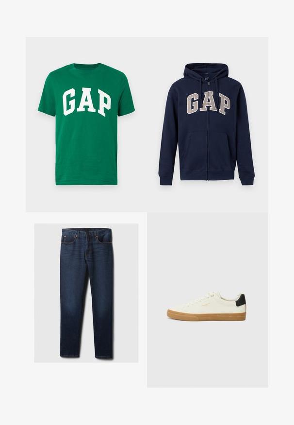 Sweat à capuche zippé bleu marine avec poches avant, capuche ajustable et grandes lettres beige "GAP" sur la poitrine.; T-shirt en coton vert avec un col rond ; présente de grandes lettres blanches en bloc formant le mot « GAP » sur le devant.; Jean en denim slim-fit bleu foncé avec un léger délavage sur les cuisses avant, des rivets cuivrés et un style classique à cinq poches, posé à plat sur un fond blanc.; Sneaker en toile blanche avec une semelle en gomme, accent au talon noir, bout rond et design à lacets. Présente le logo de la marque en doré sur le côté.