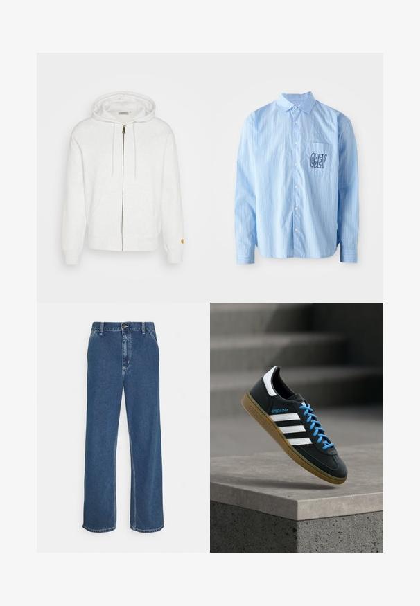 Weiße Zip-Hoodie aus weichem Stoff mit Kapuze, Vorderstaschen und gerippten Bündchen. Goldene Hardware-Details am Reißverschluss.; Hellblau gestreifte Button-up-Hemd mit langen Ärmeln, ausgestattet mit einer Brusttasche, auf der "OBEY" in fetter schwarzer Schrift gestickt ist.; Blaue Jeans aus Denim mit geradem Schnitt, fünf Taschen, Metallknopfverschluss und sichtbarer Naht entlang der Nähte und des Saums.; Schwarzer Adidas-Sneaker mit weißen Streifen, blauen Schnürsenkeln und Gummisohle, der über einer grauen Betontreppe im weichen Licht schwebt.