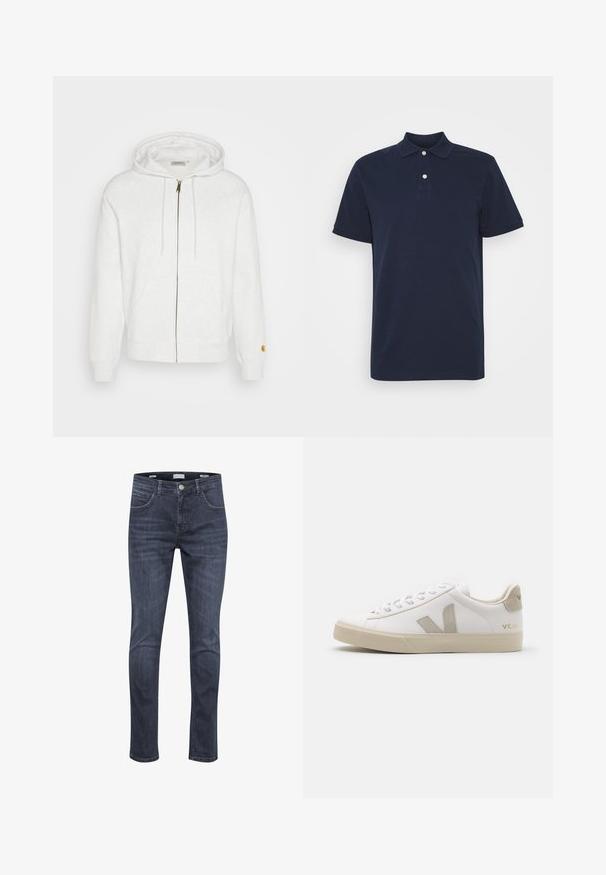 Weiße Zip-Hoodie aus weichem Stoff mit Kapuze, Vorderstaschen und gerippten Bündchen. Goldene Hardware-Details am Reißverschluss.; Koboltblaues Baumwoll-Polohemd mit klassischem Kragen, kurzen Ärmeln, drei Knöpfen und ohne sichtbare Muster oder Akzente.; Dunkelblaue Denim-Jeans mit schlankem Schnitt, ausgestattet mit fünf Taschen, hellen Nähten und einem klassischen Reißverschluss mit Knopfverschluss.; Weiße Ledersneaker mit beigen Akzenten, flacher Gummisohle, runder Zehenpartie und kontrastierendem Logo an der Seite und Rückseite. Mit Schnürdesign.