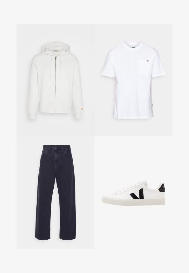 Witte rits-hoodie van zachte stof, met een capuchon, voorzakken en geribde manchetten. Gouden hardware details nabij de rits.; Witte katoenen t-shirt met een ronde hals, korte mouwen en een borstzak met een klein merklogo aan de linkerkant.; Donker gewassen denim jeans met een wijde pasvorm, hoge taille en vijf-pocket ontwerp. Beschikt over een klassieke knoop- en ritssluiting.; Witte leren sneaker met zwarte suède accenten; voorzien van een rubberen zool, ronde neus en een klassieke vetersluiting. Zijkant met logo in het zwart.