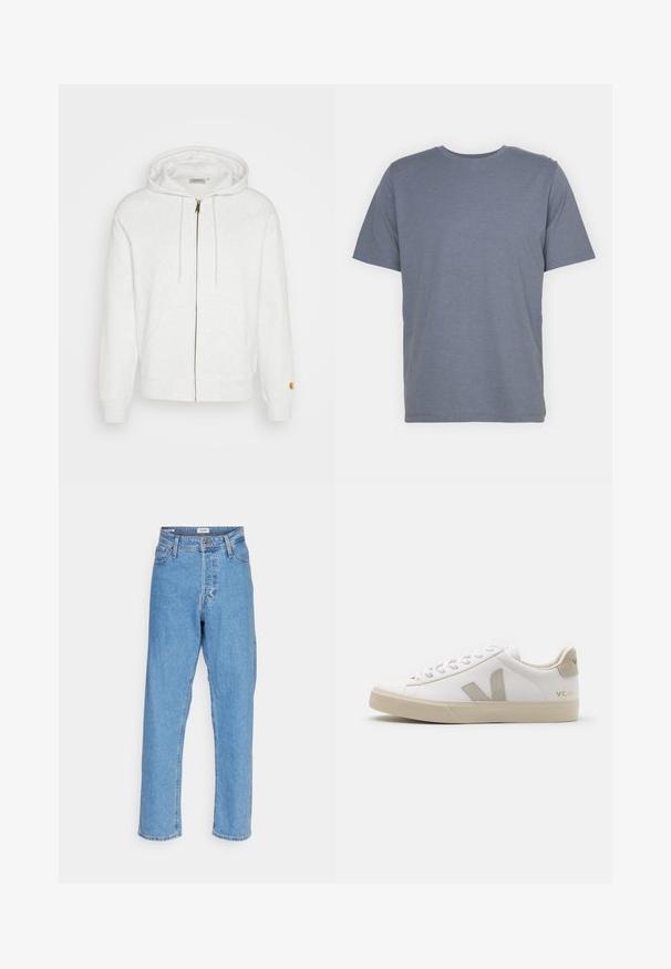 Sweat à capuche blanc zippé en tissu doux, avec une capuche, des poches avant et des poignets côtelés. Détails en métal doré près de la fermeture éclair.; T-shirt gris à manches courtes avec un col rond, fabriqué en un doux tissu en mélange de coton. Design simple, sans motifs ni accents.; Jeans taille haute droite bleu clair avec bouton à l'avant, fermeture éclair, passants de ceinture et design à cinq poches sur fond blanc.; Baskets en cuir blanc avec des accents beiges, semelle plate en caoutchouc, bout rond et logo contrastant sur le côté et à l'arrière. Design à lacets.