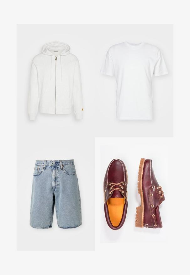 White zip-up hoodie made of soft fabric, featuring a hood, front pockets, and ribbed cuffs. Gold hardware details near zipper.; White cotton t-shirt with short sleeves, round neckline, and a smooth texture. Simple design with no patterns or graphics.; Light blue denim shorts with a high waist, straight cut, frayed hem, five pockets, and button closure. Distressed texture visible.; Burgundy leather shoes with brown rubber soles, round toe, white stitching, and gold eyelets. Interior features a yellow lining.