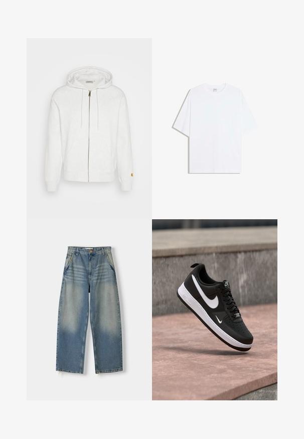 Weiße Zip-Hoodie aus weichem Stoff mit Kapuze, Vorderstaschen und gerippten Bündchen. Goldene Hardware-Details am Reißverschluss.; Weißes, übergroßes Baumwoll-T-Shirt mit rundem Ausschnitt und kurzen Ärmeln; glatte Textur, keine sichtbaren Muster oder Akzente.; Hellblaue Denim-Jeans im weit geschnittenen Stil mit einem ausgewaschenen Finish, Fünf-Taschen-Design und rohem Saum. Mit einem Knopf- und Reißverschluss vorne.; Schwarz-weißer Nike Air Force 1 Sneaker, der über einer rosa Betonfläche mit grauem Stein-Hintergrund schwebt.